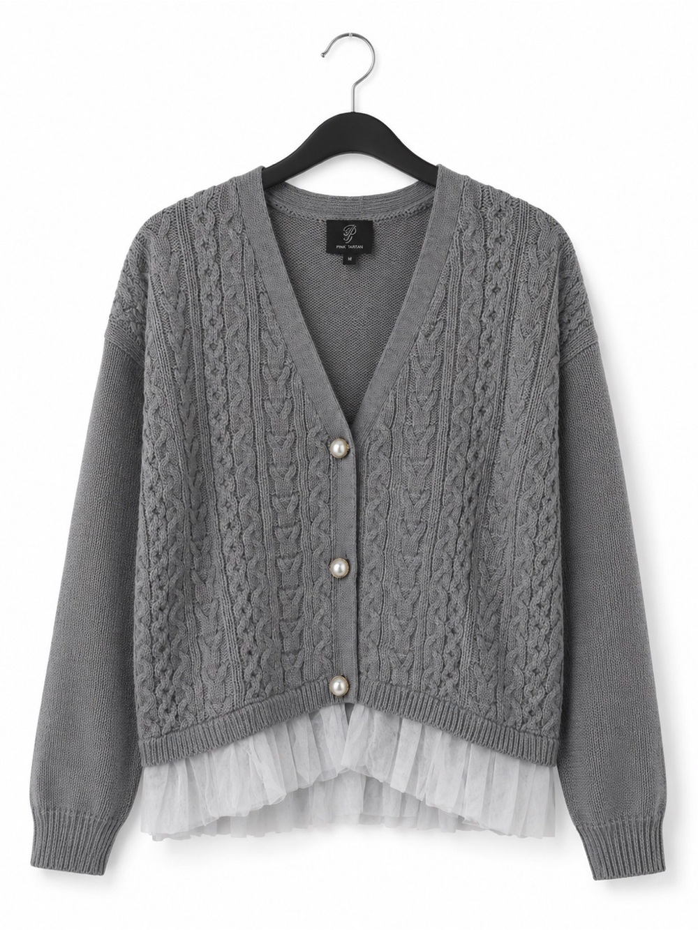 Pink Tartan Gray Cable Knit Cardigan with Pearl Buttons and Tulle Trim